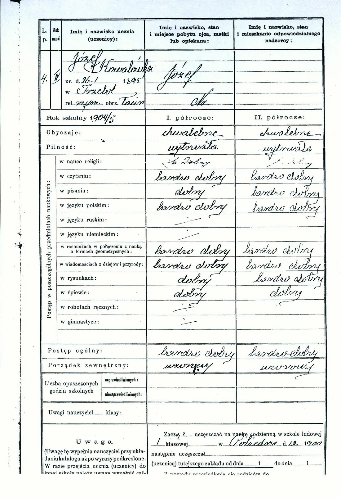 Rękopiśmienna karta katalogu szkolnego z roku 1904/1905, wypełniona atramentem, z nazwiskiem ucznia, datą urodzenia i ocenami półrocznymi.